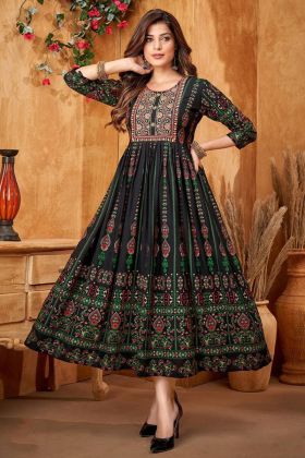 Anarakali Style Olive Green Printed Kurti