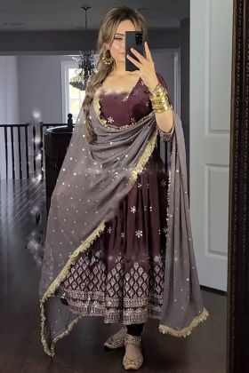 Anarkali Style Brown Embroidery Work Gown