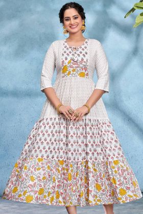 Anarkali Style Off White Printed Kurti