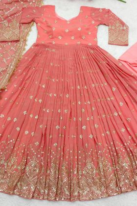 Anarkali Style Peach Sequence Work Gown