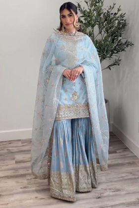 Baby Blue Faux Georgette Sharara Salwar Kameez