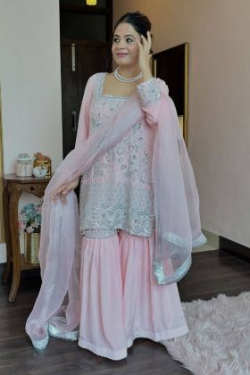 Baby Pink Color Festival Wear Faux Georgette Top Sharara Plazzo Suit