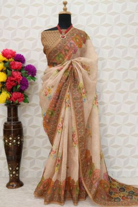 Beige Zari Box Digital Flower Printed Linen Cotton Saree