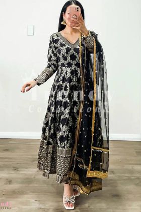 Black Embroidery Work Faux Georgette Anarkali Gown