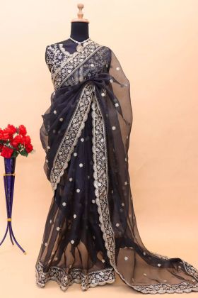 Black Organza Silk Coding Work Saree