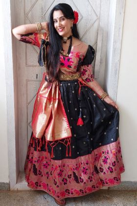 Black Paithani Jacquard Zari Weaving Work Lehenga