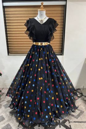 Black Polka Dot Printed Faux Georgette Lehenga Choli