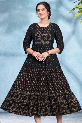 Black Printed Rayon Anarkali Kurti