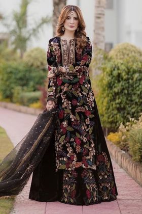 Black Pure Viscose Velvet Lehenga With Kurti