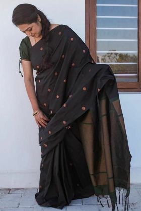 Black Soft Lichi Silk Saree