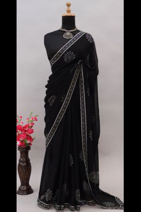 Black Swarovski Work Georgette Saree