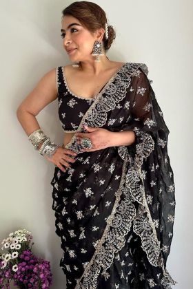 Black Thread Embroidery Work Organza Silk Saree