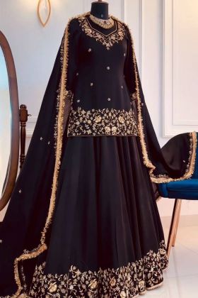 Black Tunic Top With Embroidery Work Lehenga