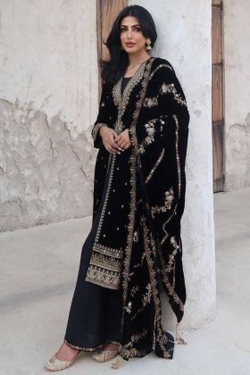 Black Viscose Velvet Embroidery Work Salwar Kameez