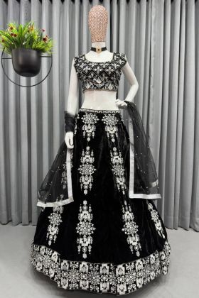 Black Viscose Velvet Sequence Work Lehenga Choli