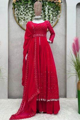 Blood Red Faux Georgette Thread Work Anarkali Dress