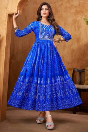 Blue 14 Kg Rayon Printed Long Kurti