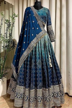 Blue Chinon Silk Shaded Printed Lehenga Choli