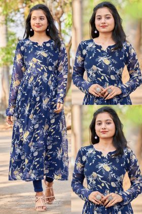 Blue Heavy Georgette Printed Kurti