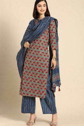 Blue Printed Heavy Cotton Readymade Suit