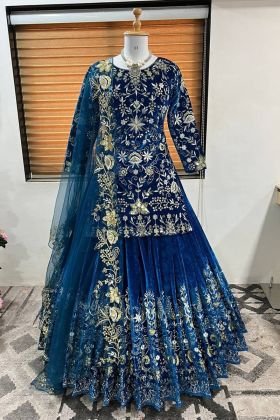 Blue Viscose Velvet Embroidery Work Top With Lehenga