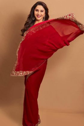 Bollywood Actress Madhuri Dixit Wear Red Saree