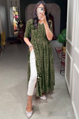 Bottle Green Bandhani Printed Nayra Cut Kurti