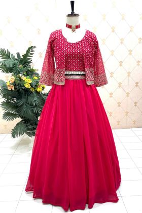 Bright Pink Plain Lehenga Choli With Readymade Koti