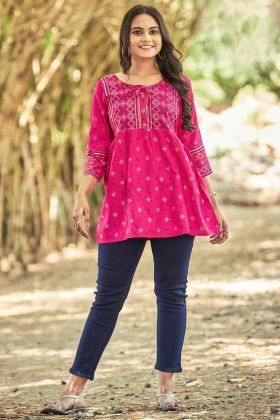 Bright Pink Printed Short Stitch Kurti