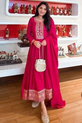 Bright Pink Sequence Embroidery Work Long Gown