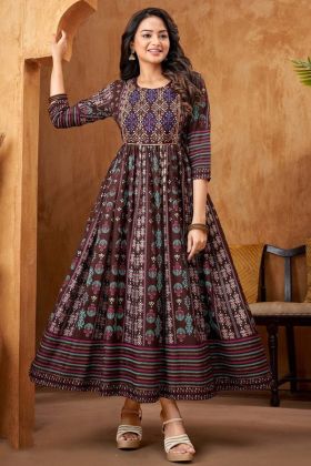 Brown Embroidery Work Readymade Kurti