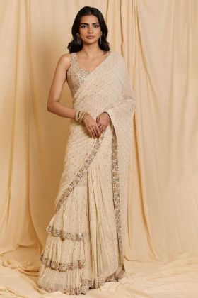 Cream Faux Georgette Embroidery Work Ruffle Saree