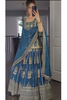 Dark Blue Color Faux Georgette Work Reception Wear Lehenga Choli.