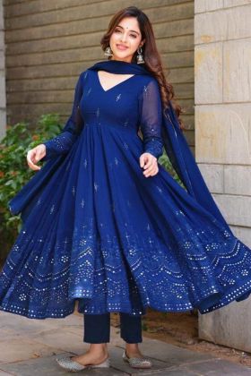 Dark Blue Embroidery Work V Neck Anarkali Gown