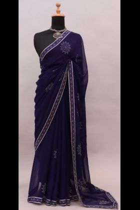 Dark Blue Georgette Swarovski Work Saree