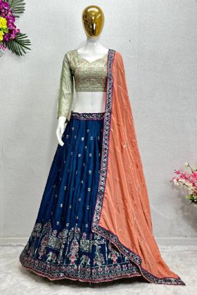 Dark Blue Heavy Chinon Wedding Lehengas Choli with Peach Dupatta