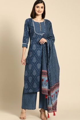 Dark Blue Heavy Cotton Printed Dress