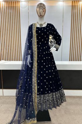 Dark Blue Viscose Velvet Embroidered Gown