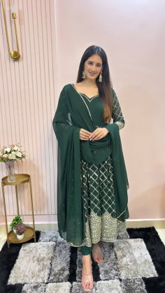 Dark Green color Faux Georgette Embroidery Work Anarkali Suit