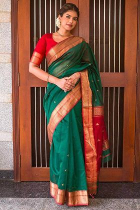 Dark Green Jacquard Work Lichi Silk Saree