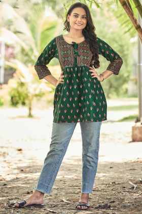 Dark Green Printed Heavy Rayon Kurti