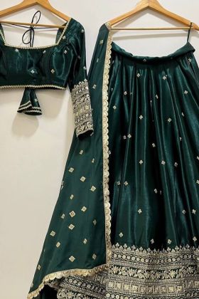 Dark Green Slub Satin Silk Embroidery Work Lehenga Choli