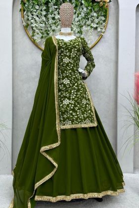 Dark Green Thread Work Top With Lehenga