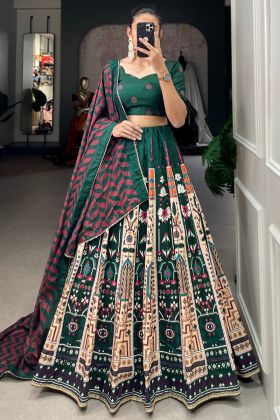 Dark Green Vaishali Silk Printed Wedding Lehenga Choli