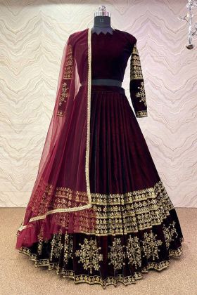 Dark Maroon 9000 Velvet Embroidered Lehenga Choli