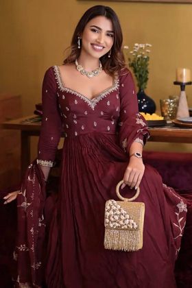 Dark Maroon Faux Georgette Embroidery Work Anarkali Gown