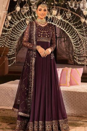 Dark Maroon Faux Georgette Sequence Work Gown