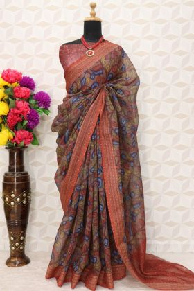 Dark Peach Linen Cotton Digital Printed Saree