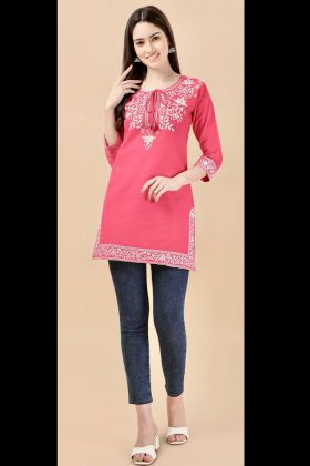 Dark Peach Rayon Embroidery Work Kurti