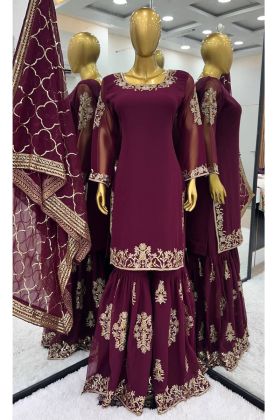 Dark Pink Color Designer Party Wear Faux Georgette Top Gharara